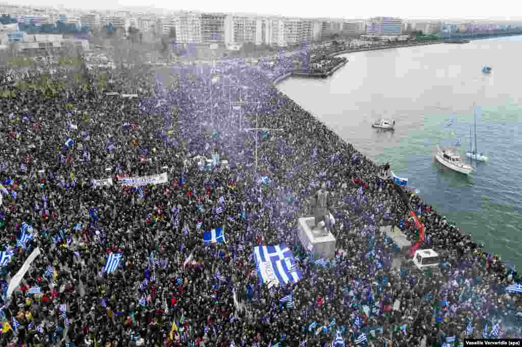 A crowd gathers in the northern Greek city of Thessaloniki on January 21 to protest the use of the name "Macedonia" by Greece's northern neighbor. The region of Greece around Thessaloniki is also called Macedonia.
