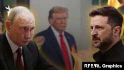 Президент Украины Владимир Зеленский (справа) и президент России Владимир Путин (слева) на фоне портрета американского президента Дональда Трампа. Коллаж