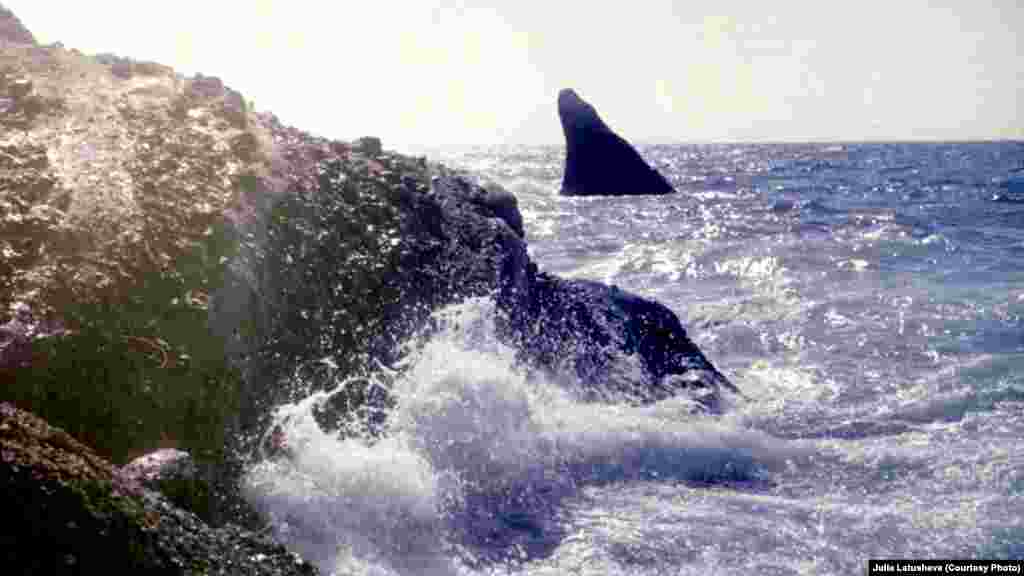 На заднем плане видна скала в форме плавника, которая называется «Акулий плавник». Это один из самых узнаваемых объектов мыса. Скала дала название пляжу рядом с ней