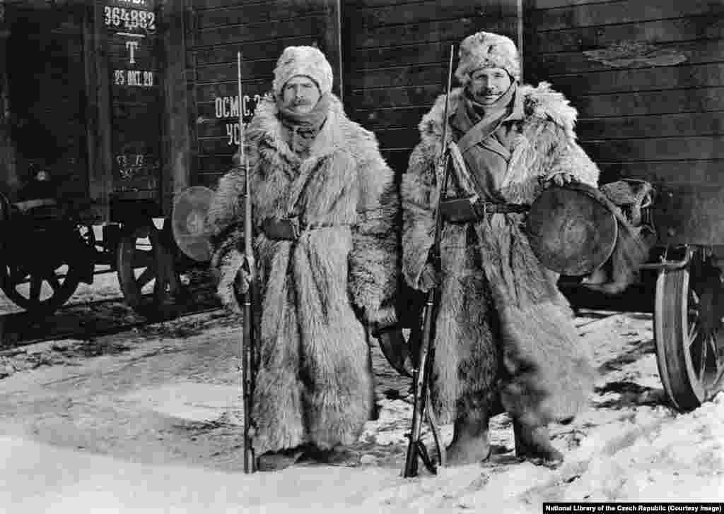 Legionnaires guarding a train in Siberia on a -40C day. By the autumn of 1918, World War I was over and the legionnaires’ distant, beloved Czechoslovakia had been declared an independent nation.
