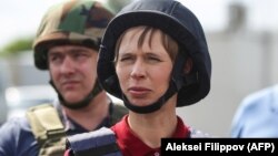 Президент Естонії Керсті Кальюлайд на КПВВ Майорськ у Донецькій області, 24 травня 2018 року