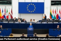 Президентка Єврокомісії Урсула Фон дер Ляєн під час дебатів у Європарламенті щодо порушень Росією повітряного простору ЄС. Страсбург, Франція, 8 жовтня 2025 року