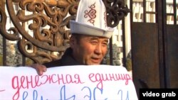 A man demonstrates in favor Bishkek's decision to give the green light to Kyrgyzstan joining the Eurasian Economic Union. 