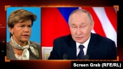 Интервью с министром иностранных дел Латвии Байбой Бразе (слева). Скриншот видео