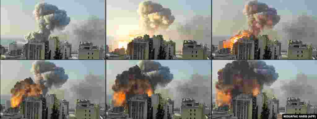 На фотоколажі з кадрів UGC, зроблених 4 серпня, видно, як вибух спричинив велику пожежу. Дим від неї був темно-сірого кольору. Потім у небо піднімається величезний рудий стовп диму і пилу  