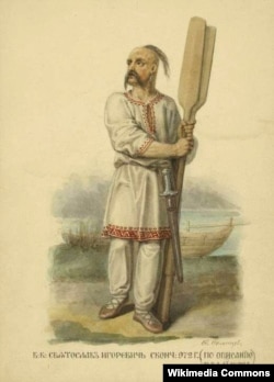 Реконструкція зовнішності правителя України-Русі, Київського князя Святослава Хороброго російським художником за описом візантійського історика-хроніста 10-го століття Льва Диякона, який бачив його на власні очі