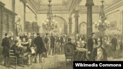 Президентские выборы 1876 года в США. Приемная кандидата демократов губернатора штата Нью-Йорк Сэмюэла Тилдена в ожидании объявления результатов голосования. Тилден – в центре, пожимает руку.