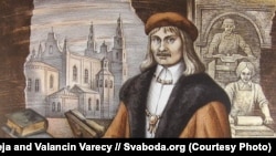 Зображення друкаря Франциска Скорини (на одній з літографій українських художників Валентина та Лілії Вареців (прізвище Вареца), які певний час проживали у Білорусі й створили низку портретів історичних діячів Білорусі