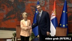 Predsednik Srbije Aleksandar Vučić tokom susreta sa predsednicom Evropske komisije Ursulom fon der Lajen u Beogradu, 25. oktobar 2024.