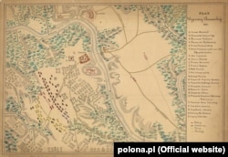 Схема розташування сил супротивників перед Хотинською битвою 1621 року. Навпроти турецького війська, яке переважає чисельністю, сили запорозьких козаків і поляків, приблизно в однаковій пропорції