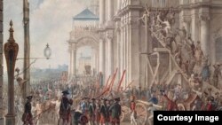 Екатерина II на балконе Зимнего дворца, приветствуемая гвардией и народом в день переворота 28 июня 1762 года. По оригиналу Иоахима Кестнера. 1760-е