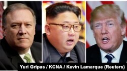 CIA Director Mike Pompeo (left), North Korean leader Kim Jong Un (center), and U.S. President Donald Trump (combo photo)