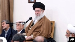 Supreme Leader Ayatollah Ali Khamenei addresses a group of top officials in Tehran on April 15.
