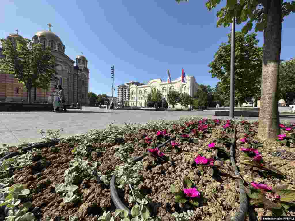 Na šetalištu, u jednom od parkova, cvijeće se zalijeva i preko dana zbog visokih temperatura.
