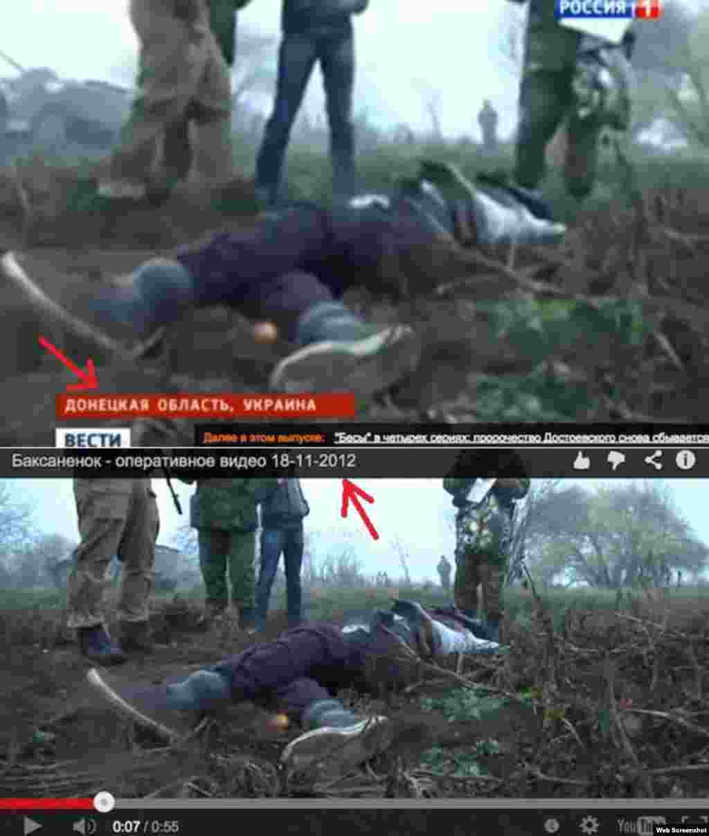 The Russian state television channel Rossia aired a report showing a civilian it said was killed by Ukrainian forces in the Donetsk region. The footage was identical to a November 2012 report by Rossia's sister channel about a counterterrorism operation carried out by Russian forces in the restive North Caucasus Republic of Kabardino-Balkaria.