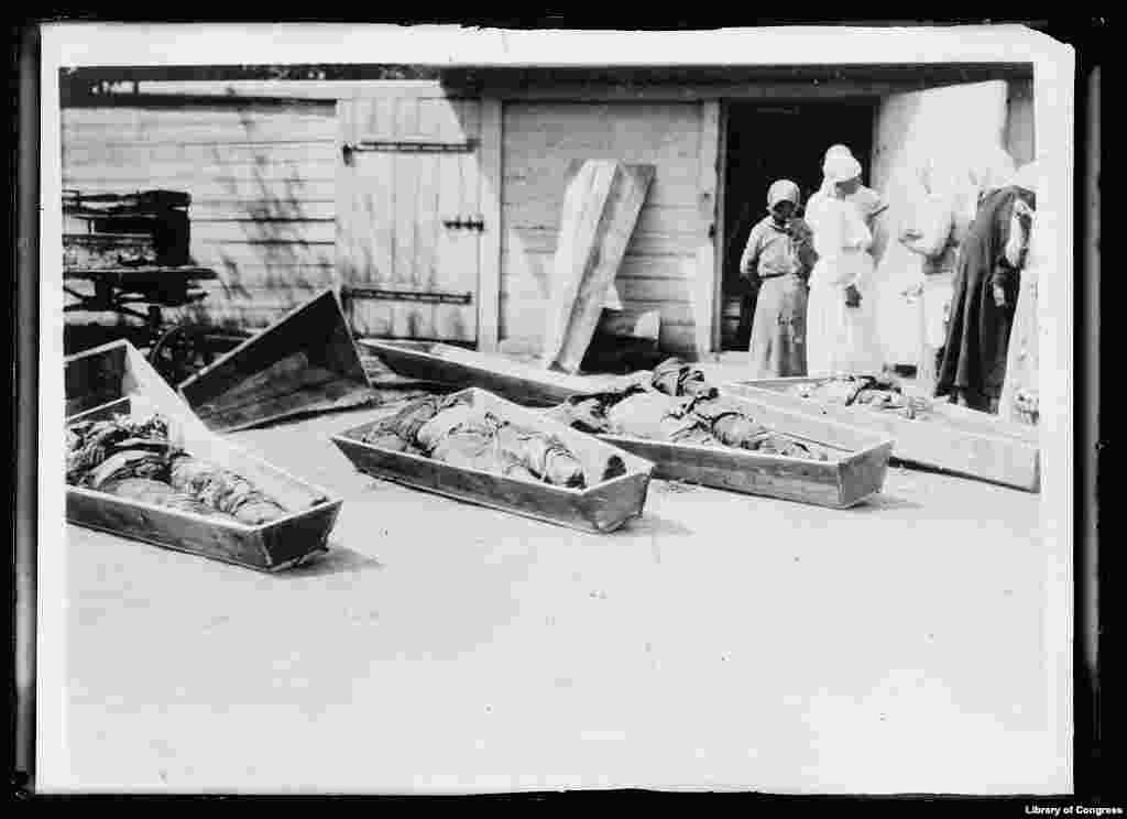 Українські селяни пізнають тіло родича, якого вбили комуністи. Тіла ексгумували з участю представників американського Червоного Хреста після того, як «біла» Добровольча армія вибила «червоних» із Полтави й околиць у листопаді 1919 року