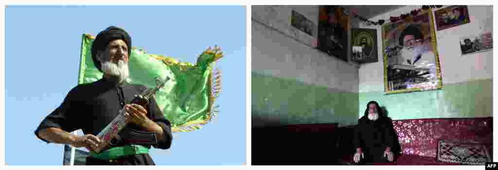 Ліворуч: Шиїтський священнослужитель і лідер радикальної «Армії Магді» Муктада ас-Садр дивиться на антиамериканську акцію протесту, 7 квітня 2004 року. Праворуч: Ас-Садр у своєму домі, на тлі – зображення його відомого батька, небіжчика аятоли Мухаммада Садіка ас-Садра, 5 лютого 2013 року.